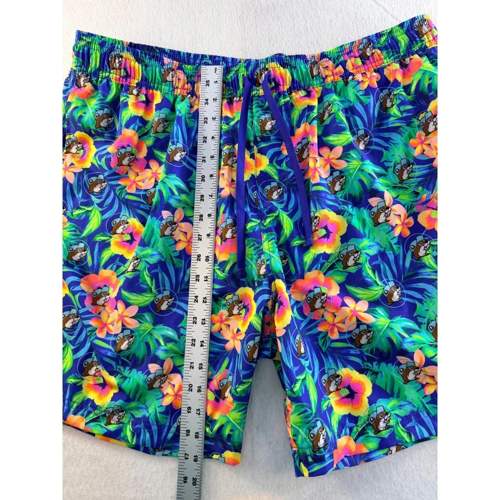 Buc-ees Mens XL Tropical Space Beaver Swim Trunks Blue Floral Shorts L Large